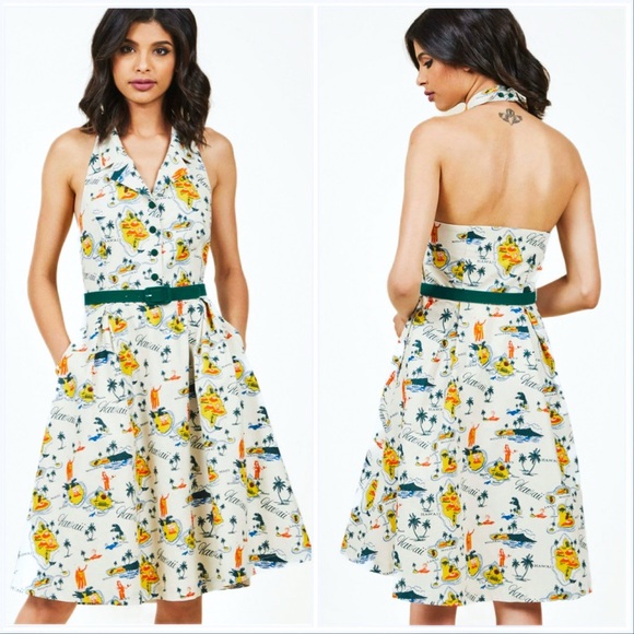Modcloth Hawaii Print "Genuine Genius Halter Shirtdress in Island” - Picture 6 of 12